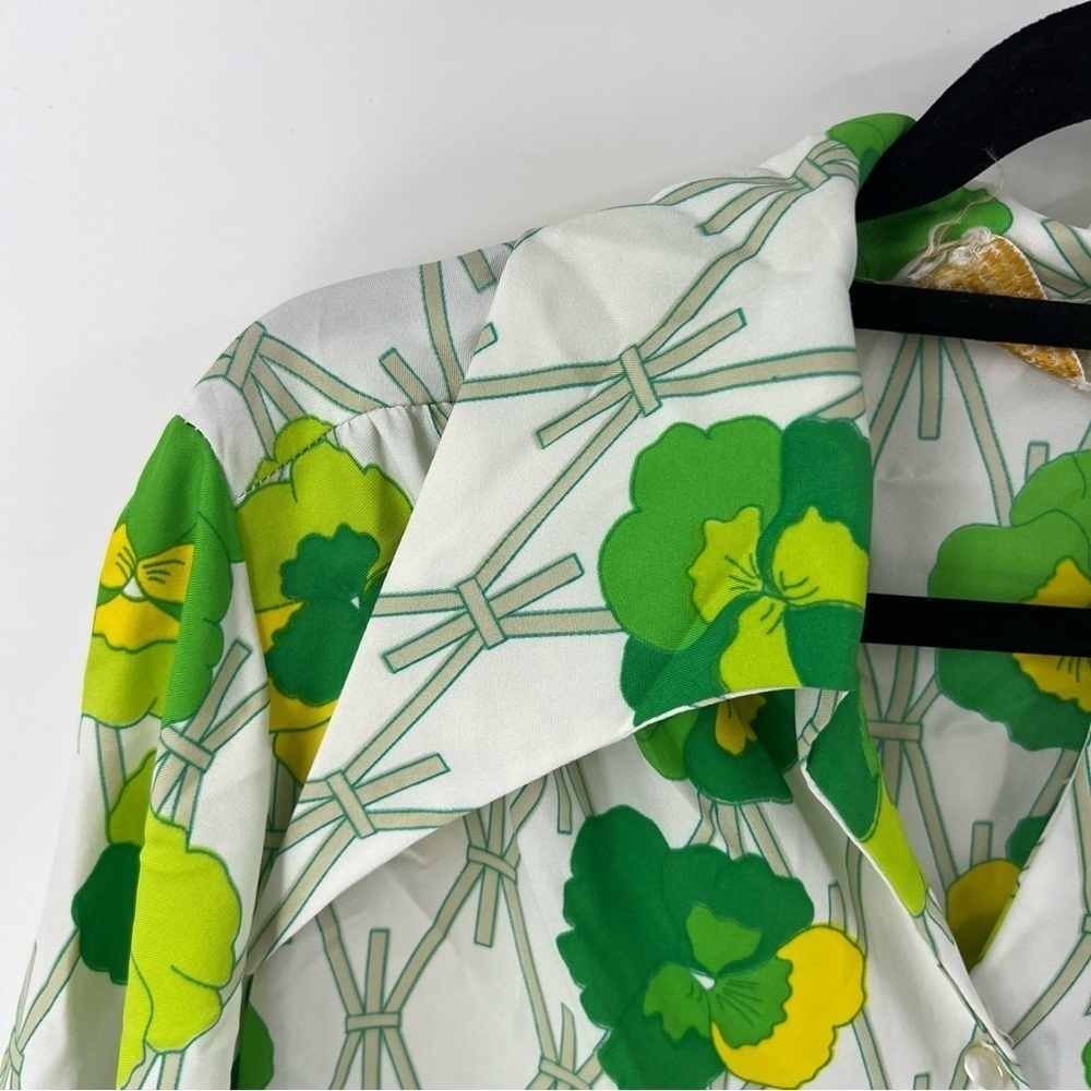 ✅ VINTAGE LEE MAR BLOUSE FLORAL GREEN/WHITE/YELLOW SIZE 14 FULL BUTTON FRONT - Picture 8 of 11